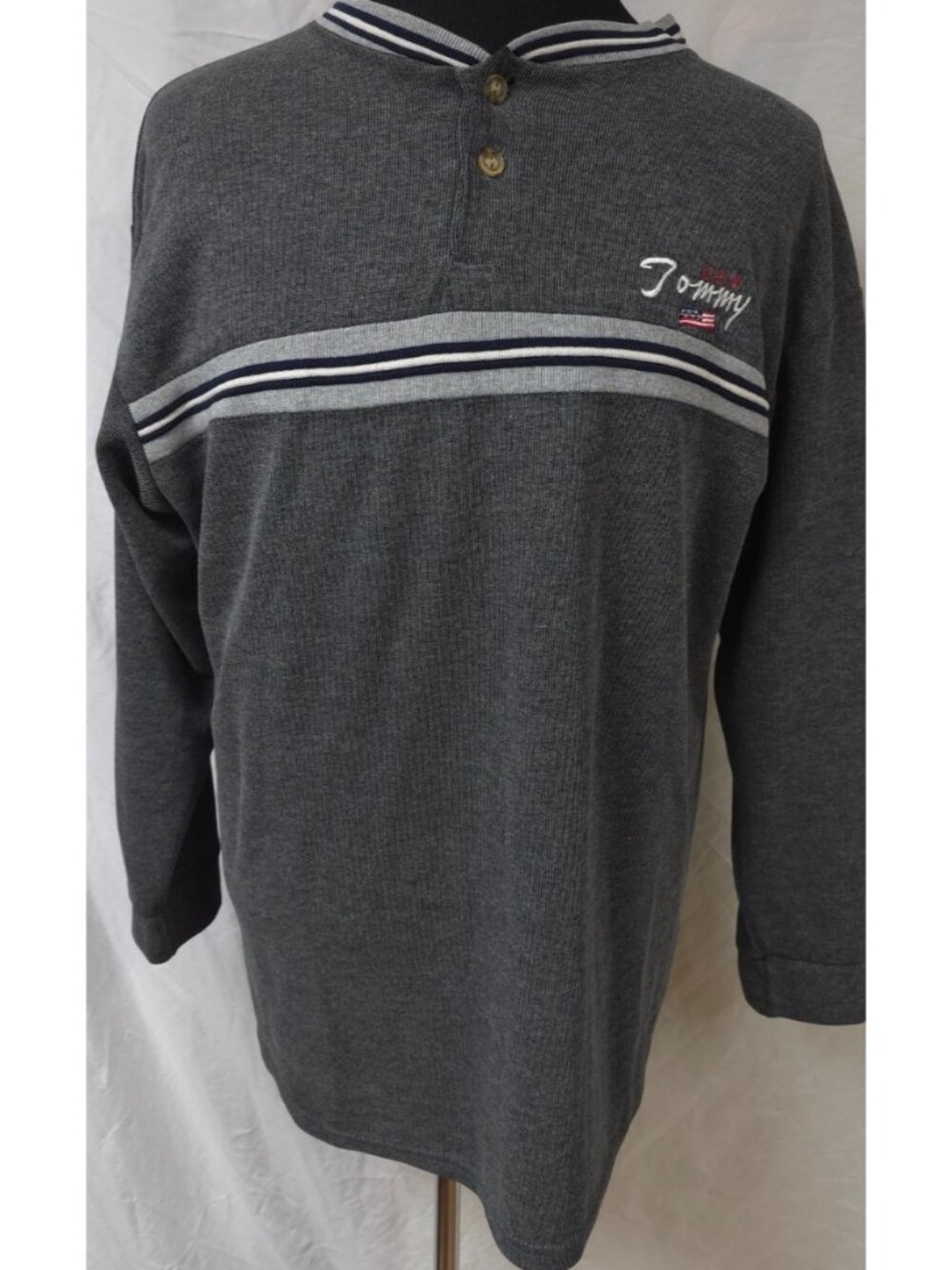 VTG Tommy Hilfiger Dream Wave Mens XL Gray Long Sleeve Logos Made USA Henley